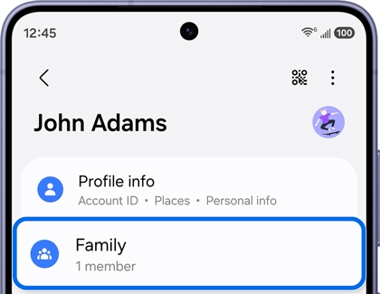 Parent Samsung account settings with the Family option being selected.