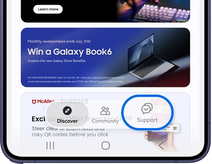Samsung Members app screen with the Support tab highlighted.