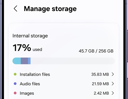 Manage storage screen showing percentage of Internal storage used.