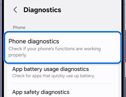 Diagnostics screen with the Phone diagnostics option highlighted.