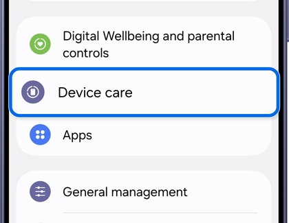 Settings screen with the Device care option highlighted.