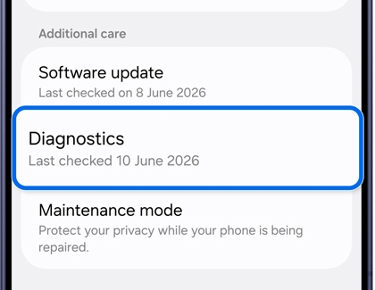 Device care screen with the Diagnostics option highlighted.