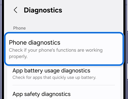 Diagnostics screen with the Phone diagnostics option highlighted.