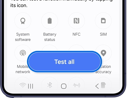 Phone diagnostics screen with the Test all button highlighted.