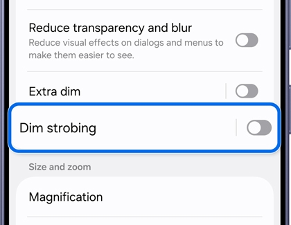 A Galaxy S26 Ultra screen showing the Dim strobing setting highlighted in a blue box with the toggle switch turned off.