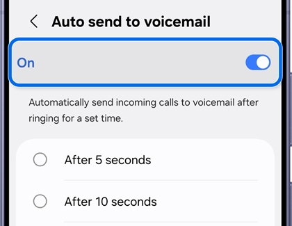 A Galaxy S26 Ultra screen showing the Auto send to voicemail settings with the On toggle switch highlighted in blue.