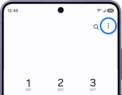 A Galaxy S26 Ultra screen showing the phone dialer with the three dot more options menu highlighted in blue.