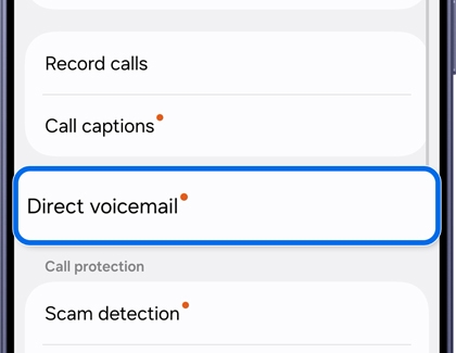 A Galaxy S26 Ultra screen showing call settings with the Direct voicemail option highlighted in blue.