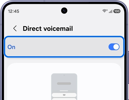 A Galaxy S26 Ultra screen showing the Direct voicemail settings with the On toggle switch highlighted in blue.