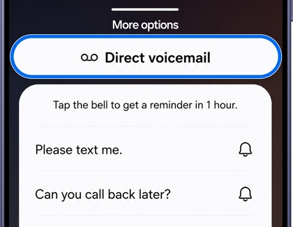 A close up of a Galaxy S26 Ultra screen showing an incoming call menu with the Direct voicemail button highlighted in blue.