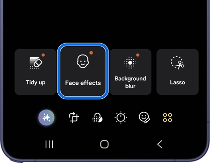 A Galaxy phone showing the Gallery editor with Face effects option highlighted in blue among other editing tools.