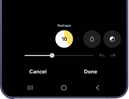 A Galaxy phone showing the Reshape tool with a slider and value set to 10, with Cancel and Done buttons below.