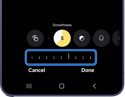 A Galaxy phone showing the Smoothness tool with a slider highlighted in blue and value set to 5, with Cancel and Done buttons.