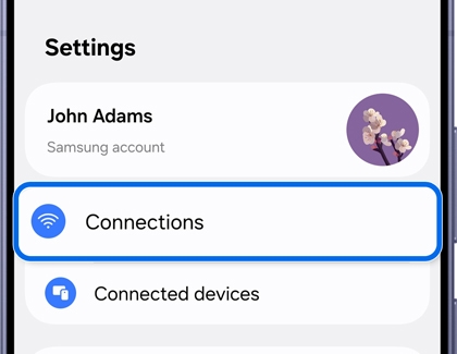 A Galaxy phone showing the Settings screen with the Connections option highlighted in blue.