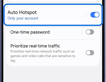 A Galaxy phone showing the Mobile Hotspot settings with the Auto Hotspot option highlighted in blue and toggled on.