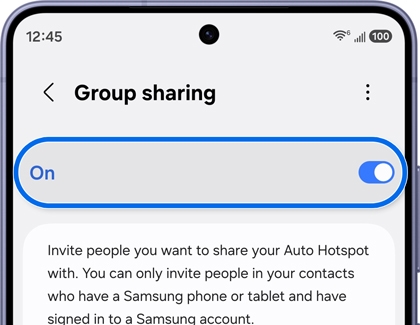 A Galaxy phone showing the Group sharing screen with the On toggle highlighted in blue and turned on.