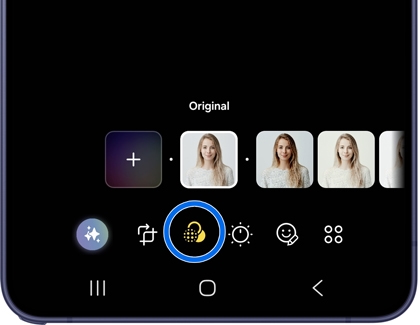 A Galaxy phone showing the Gallery editor with the Filters option highlighted in blue and a row of filter previews using a woman's photo.