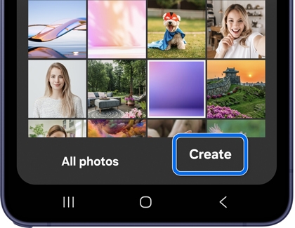 A Galaxy phone showing a photo grid with All photos and Create buttons at the bottom, Create highlighted in blue.