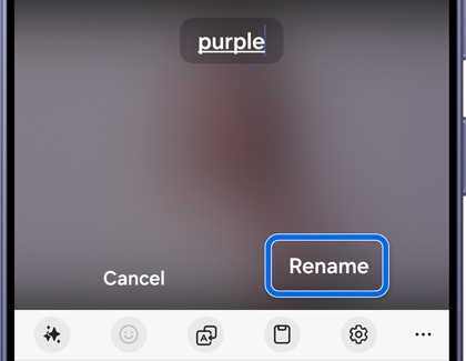 A Galaxy phone showing a text field with the name purple entered and Cancel and Rename buttons, Rename highlighted in blue.