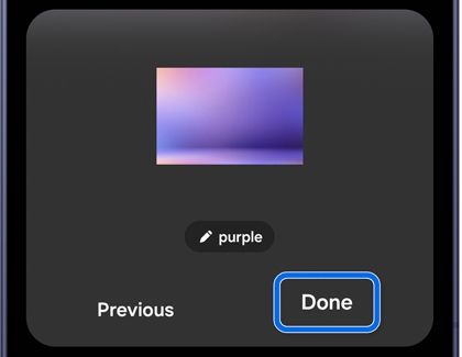 A Galaxy phone showing a purple gradient image preview labeled purple with Previous and Done buttons, Done highlighted in blue.