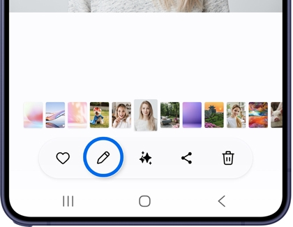 A Galaxy phone showing the Gallery with a row of photo thumbnails and the Edit icon highlighted in blue in the bottom toolbar.