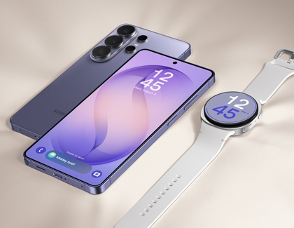 A purple Galaxy S26 Ultra shown from both the front and back next to a white Galaxy Watch8 on a beige surface.