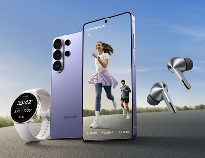 A purple Galaxy S26 Ultra, a white smartwatch, and silver earbuds, with the phone showing a running app.