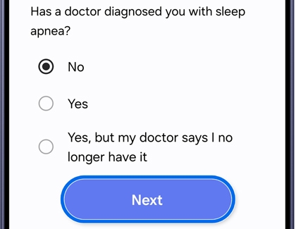 Sleep apnea questionnaire with answer selections and a Next button being selected.