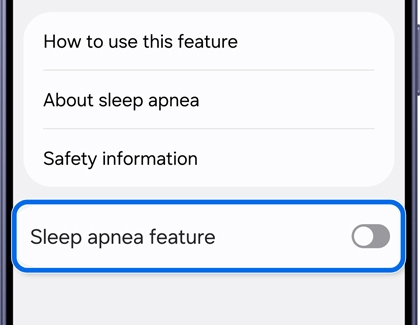 Sleep apnea settings screen with the Sleep apnea feature option with a toggle next to it.