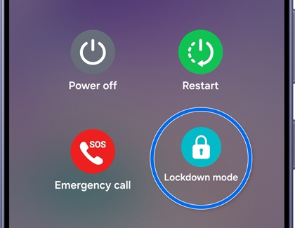 A Galaxy phone power menu screen with the Lockdown mode option highlighted in a blue circle.