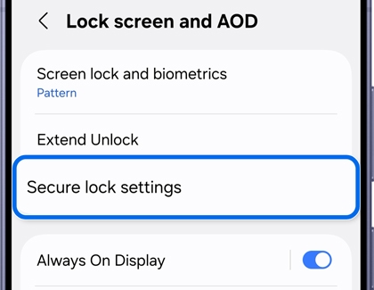 A Galaxy phone lock screen and AOD settings menu with the Secure lock settings option highlighted in a blue box.