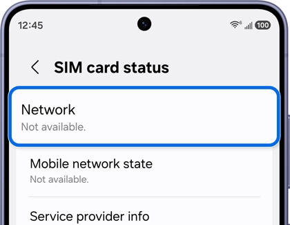 SIM card status screen showing Not available under Network.