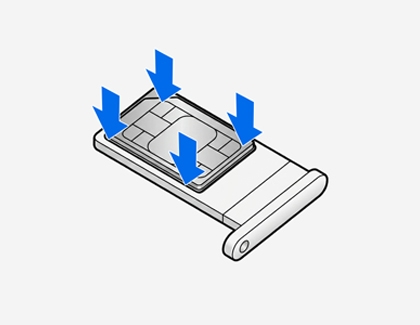 Nano-SIM card in the tray with the gold contacts facing upward. Make sure the SIM card is properly seated in the tray.