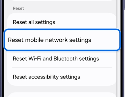 Reset screen with the Reset mobile network settings option highlighted.