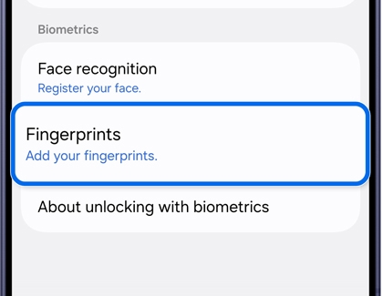 Samsung Galaxy biometrics settings screen with Fingerprints outlined in blue.