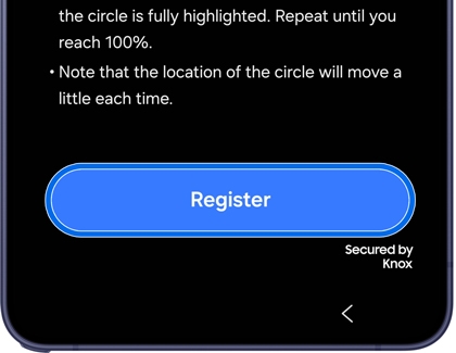 Fingerprint setup registration screen on a Samsung Galaxy phone with a blue Register button.