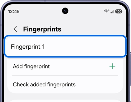 Samsung Galaxy Fingerprints settings screen with Fingerprint 1 outlined in blue.