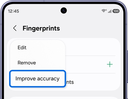 Samsung Galaxy Fingerprints menu options with Improve accuracy outlined in blue.