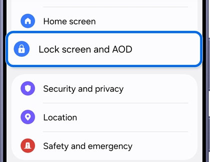 Samsung Galaxy settings menu with Lock screen and AOD outlined in blue.