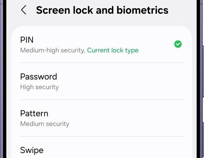 Samsung Galaxy screen lock options menu showing PIN, Password, Pattern, and Swipe settings.
