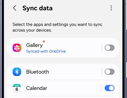 Sync data menu showing items to toggle.