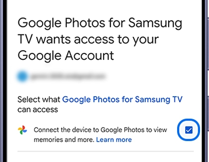 A Google Account access request screen on a mobile device for the 'Google Photos for Samsung TV' app.