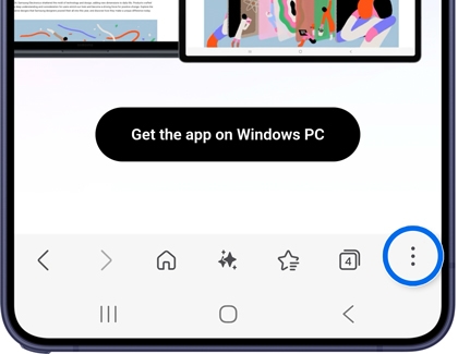 A Galaxy phone showing the Samsung Browser with the More options button highlighted in blue in the bottom toolbar.
