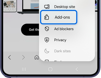A Galaxy phone showing the Samsung Browser menu with Add-ons option highlighted in blue among other menu items.
