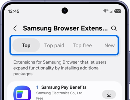 A Galaxy phone showing the Samsung Browser Extensions screen with the Top tab highlighted in blue and Samsung Pay Benefits listed.