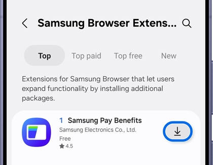 A Galaxy phone showing the Samsung Browser Extensions screen with the download button for Samsung Pay Benefits highlighted in blue.