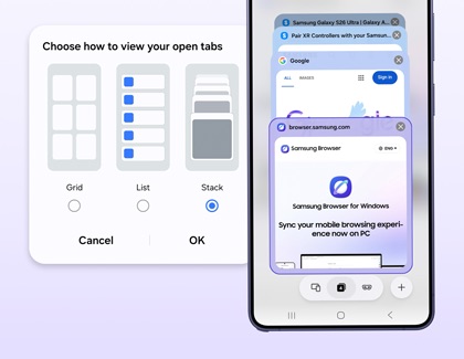 A purple Galaxy S26 phone showing the choose how to view your open tabs menu next to open browser tabs.