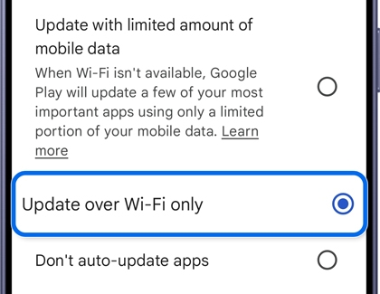 Auto-update apps menu with the Update over Wi-Fi only option selected.