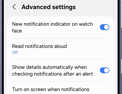 Advanced settings screen showing the list of additional notification features.