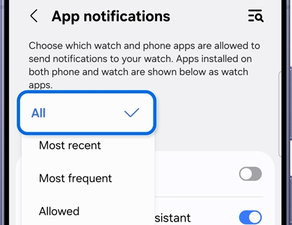 App notifications screen showing the dropdown menu for selecting All.